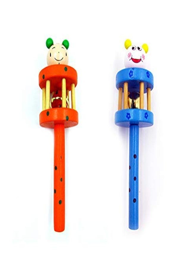 CrazyCrafts Colorful Wooden Rainbow Baby Handle Jingle Bell Rattle Toys Pack of 2 (2 Cage Rattle) - Image 1